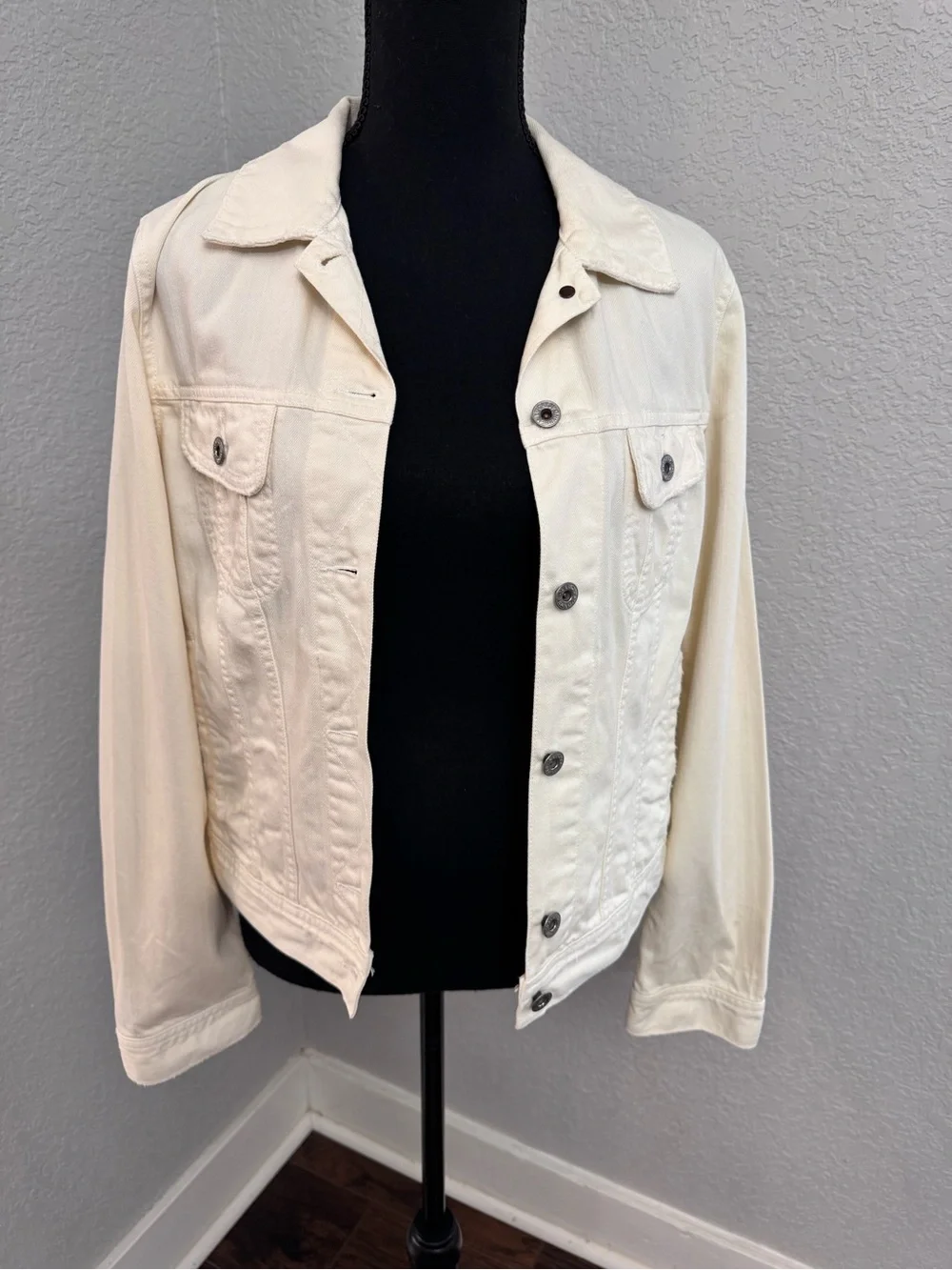 Vintage Lucky Brand Cream Denim Jacket with Pink & Multi-Color Floral Embroidery